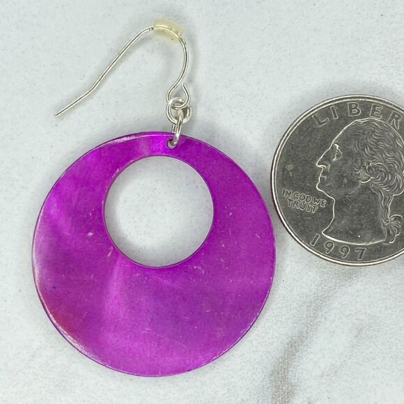 Purple Mother of Pearl Shell Dangle Silver Tone Earrings Pierced Pair - Picture 3 of 7